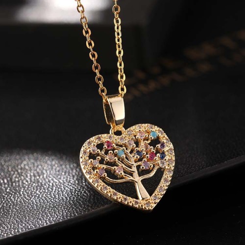 fashion european and american foreign trade cross-border copper gold-plated hollow color zircon heart-shaped tree of life necklace pendant female