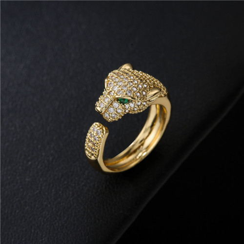 european and american trend copper micro inlaid zircon leopard ring fashion elegant leopard diamond-embedded open leopard head ring