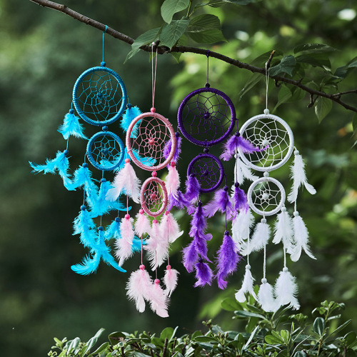 Ms6080 New Double Ring Satin Thread Female Hair Dream Catcher Home Feather Crafts Wall-Mounted Car Pendant