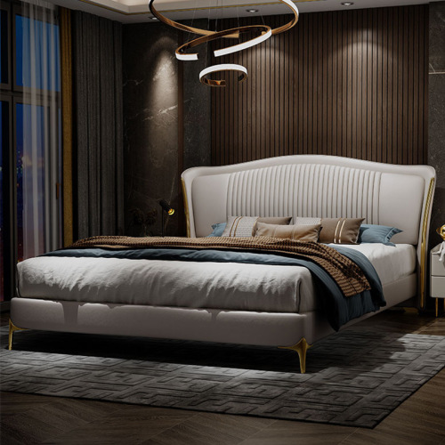Light Luxury Real Leather Bed Modern Italian Simple Master Bedroom Bed 1.8 M Double Bed Nordic Villa Storage Solid Wood Marriage Bed