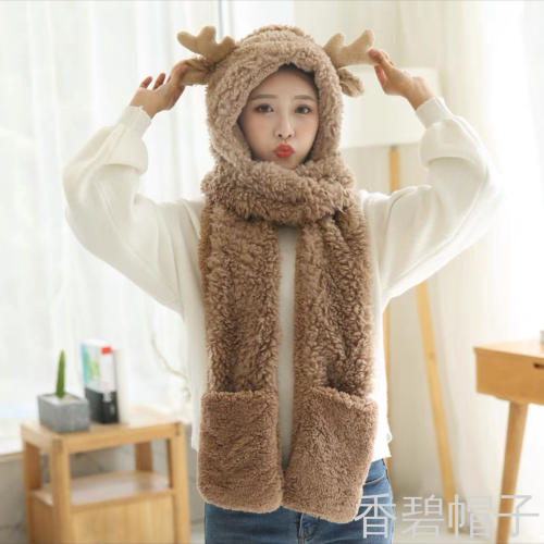 Cotton Cashmere Small Antlers Elk Integrated Hat Hat Scarf Gloves Three-Piece Christmas Hat 