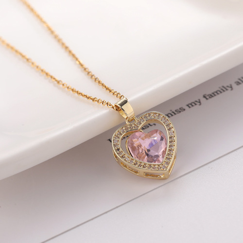 european and american fashion women‘s jewelry micro inlaid zircon copper gold plated crystal peach heart pendant heart necklace