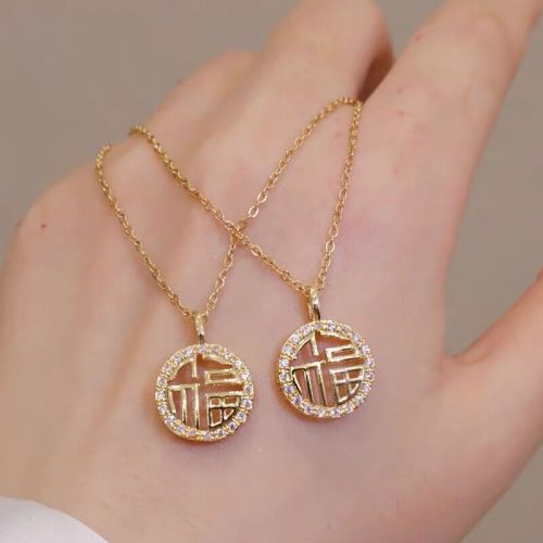 Tik Tok Live Stream Popular Diamond Studded Hollow Fu Necklace Special-Interest Design Clavicle Chain Pendant Female Online Influencer Same Necklace