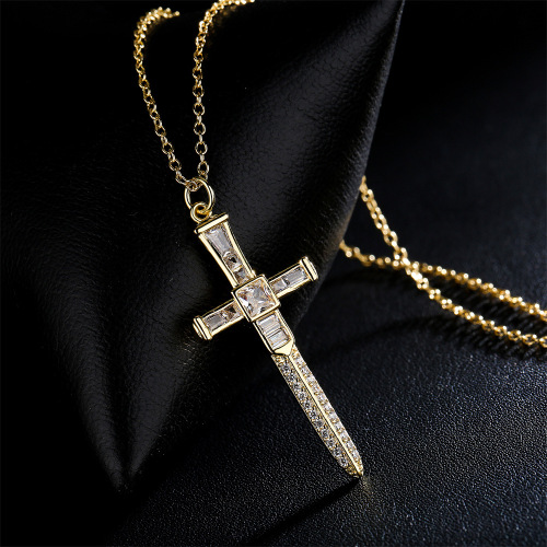 Cross-Border Supply European and American Independent Station Popular Religion Ornament Copper Plated Gold Zircon Cross Necklace