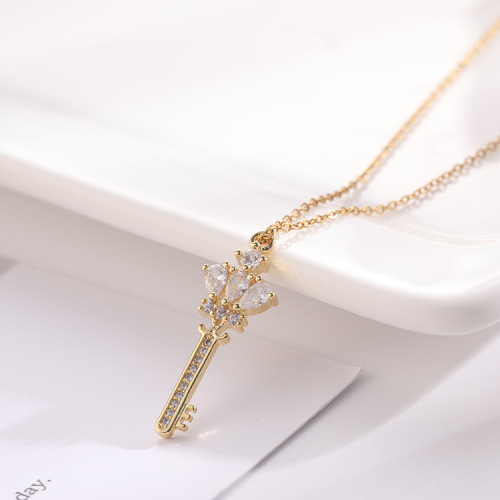 europe and america cross border fashion new gold plated micro inlaid zircon women ornament clavicle chain personality key pendant necklace