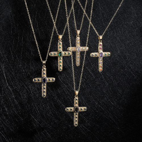 cross-border supply european and american religious jewelry copper plated 18k gold zircon cross pendant necklace in stock