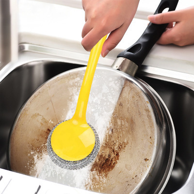 Kitchen Supplies Can Be Hung Dish Brush Long Handle Oil Removal Cleaning Brush with Steel Wire Ball Brush Plastic Cleaning Brush 