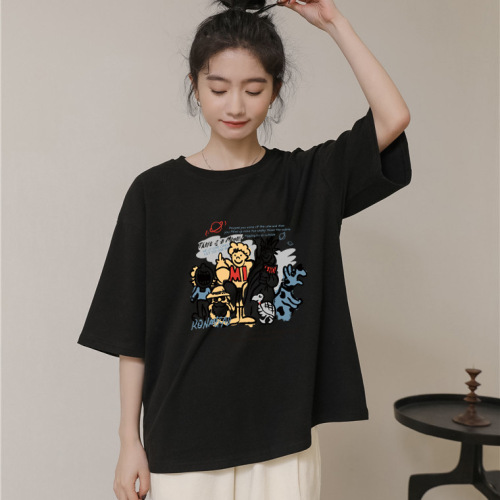 drop-shoulder large cartoon fashionable printed short-sleeved women‘s 2024 spring new 100% cotton coat round neck loose-fitting casual t-shirt