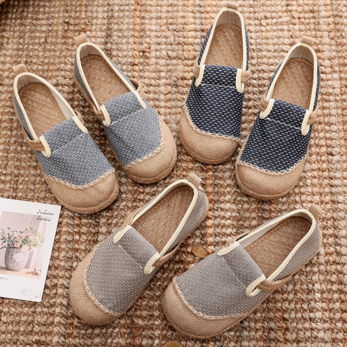 Factory Spot Chinese Style Simple Plain Plaid round Toe Women‘s Shoes Breathable Cotton and Linen Ethnic Style Single Shoes One-Piece Delivery 
