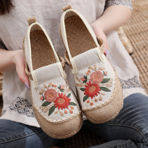 japanese embroidered shoes slip-on fisherman shoes stitching cotton and linen embroidered shoes non-slip breathable round toe women‘s shoes wholesale