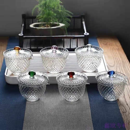 Glass Lid Bowl Tea Set Hammer Pattern Household Transparent Color Small Teacup Vertical Pattern Cover Bowl Tea Cup
