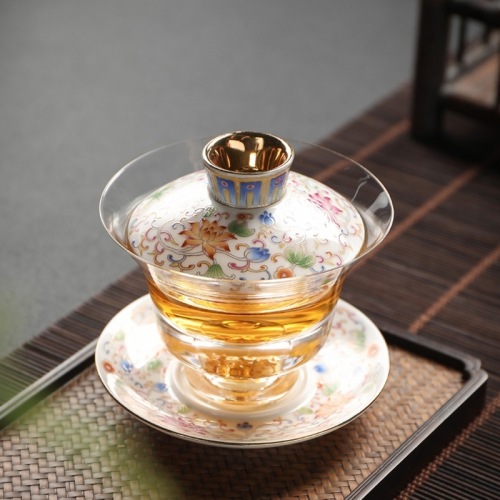 Borosilicate Glass Cover Bowl jingdezhen Enamel Ceramic Sancai Tea Bowl Household Gift Tea Maker Tea Making Tools