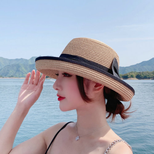 summer women‘s korean-style curling elegant bow fisherman hat travel sun protection sun hat vacation beach hat