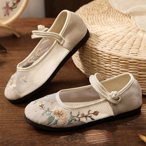 Women‘s Cotton and Linen Elegant Flat Cloth Shoes round Toe Buckle Women‘s Breathable Shoes Fashion Casual Ethnic Style Embroidered Shoes