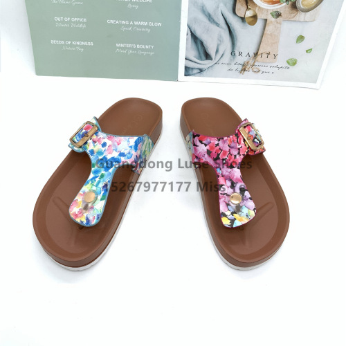 Summer New Women‘s Platform Slippers T-Type Flower Slippers Outer Wear Handcraft Shoes Guangzhou Women‘s Shoes Casual All-Match Slippers
