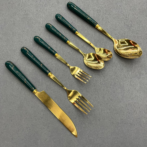 [Chengfa Tableware] Ceramic Handle Tableware Gold-Plated Tableware Knife， Fork and Spoon Stainless Steel 6/Pack Kitchen Supplies