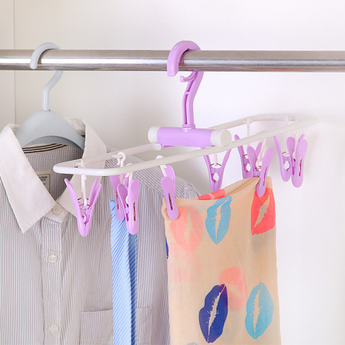 Creative Colorful Plastic Multi-Head Folding Hanger 12 Clip Underwear Socks Drying Rack Multifunctional Children Windproof Hanger 
