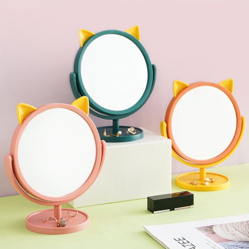 Cartoon Cat Ear Makeup Mirror Desktop Single-Sided Dressing Mirror Dormitory Desktop Beauty Mirror HD Rotating Princess Mirror 