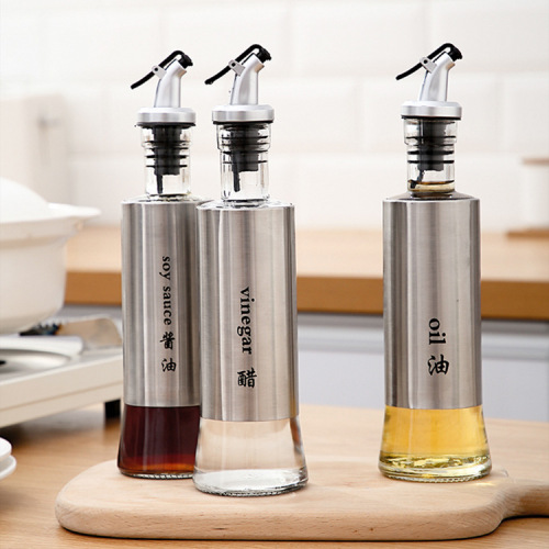 Kitchen Glass Oil Bottle Leak-Proof Vinegar Soy Sauce Bottle Household Combination Spice Jar Stainless Steel Seal Oiler and Cruet