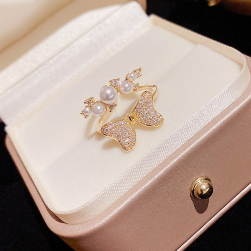 2022 new elegant women‘s micro-inlaid zirconium pearl bow open fashionable ring niche design ornament