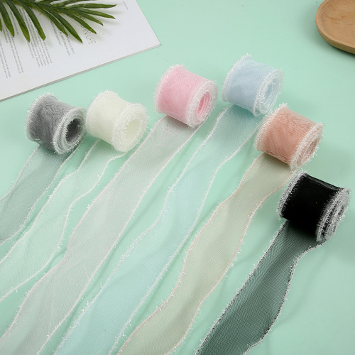 factory direct supply color ft yarn raw edge ribbon ce transparent yarn ribbon flower gift box paaging accessories wholesale