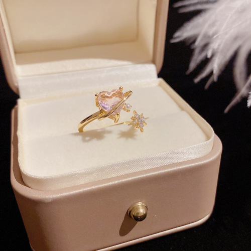 Girly Feeling ~ Pink Love Ring Female Ins design Sense Light Luxury Exquisite Awn Star Open Ring Gentle Ring Tide