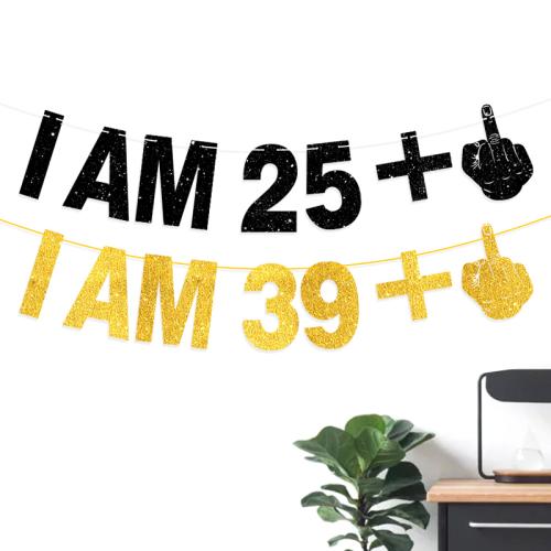 26 Th 40 Th Birthday Glitter Latte Art Banner Hanging Flag Birthday Decoration Flag I Am 39+25 + Middle Finger Finger