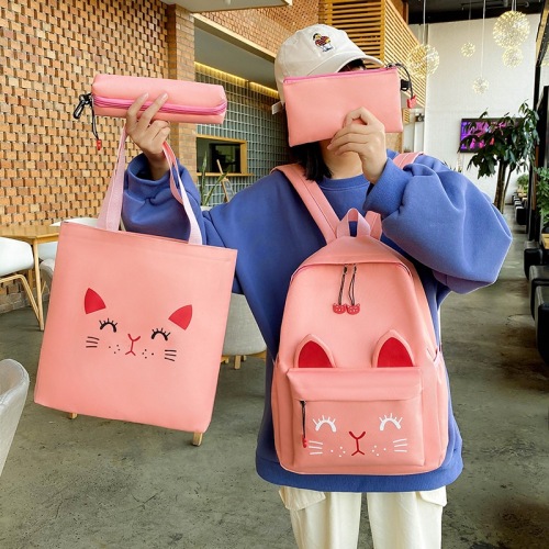 four-piece student schoolbag set cute cat girls backpack enrollment tuition bag