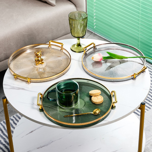 tray golden edge round plastic tray household water cup storage tea cup storage tray tea water cup tray storage snacks and fruits