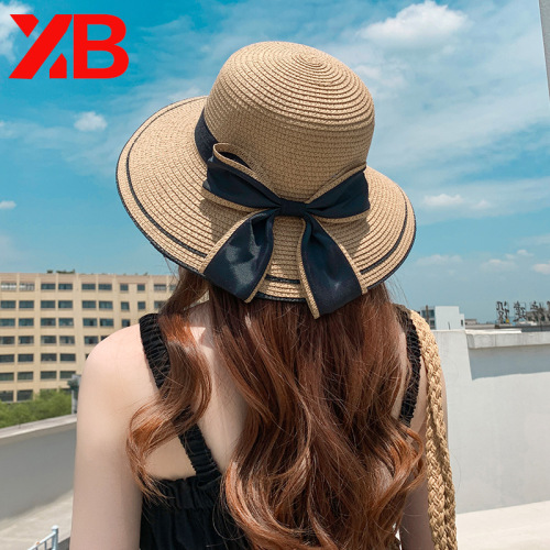 Hat Female Summer Outdoor Seaside Big Brim Sun-Proof Sunshade Straw Hat Bow Folding Beach Hat Female Sun Hat