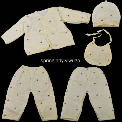 Spring Lady Newborn Double-Layer Quilted Five-Piece Suit Autumn and Winter Thickened Male and Female Baby Clothes Children‘s Clothing