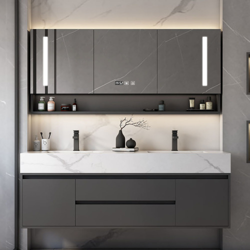 Smart Mirror Cabinet Stone Plate Whole Washbin Bathroom Cabinet Combination Handle-Free Light Luxury Double Basin Wash Basin Bathroom Cabinet