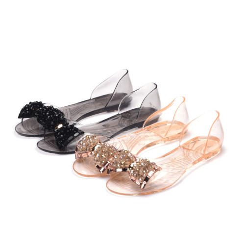 2022 new transparent sandals women‘s summer flat jelly shoes glass diamond bow fashion shoes plastic fish mouth shoes