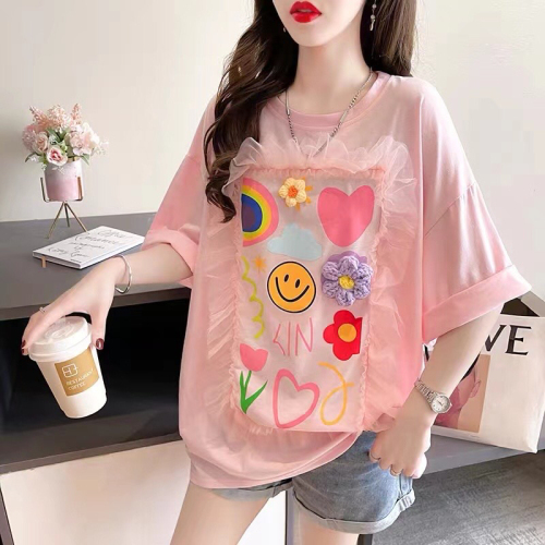 Refined Handmade Lace Lace Design Sense Niche Letter Printing Western Style All-Matching Loose Short Sleeve T-shirt Female Summer New