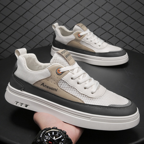 2022 New Men‘s Mesh Sneakers Summer Breathable Comfortable Sneakers Student All-Match Low Top Lace-up White Shoes