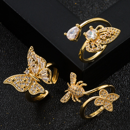 European and American Fashion New Copper-Plated Gold Micro Inlaid Zircon Bee Butterfly Opening Ring Trendy Unique Ring Accessories Female