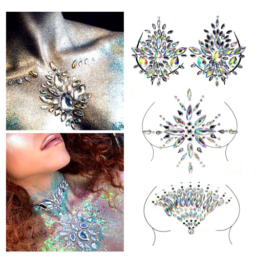 Amazon Popular Resin Diamond Tattoo Stickers Performance Makeup Chest Stickers Diamond Bar Carnival Party Chest Decoration 