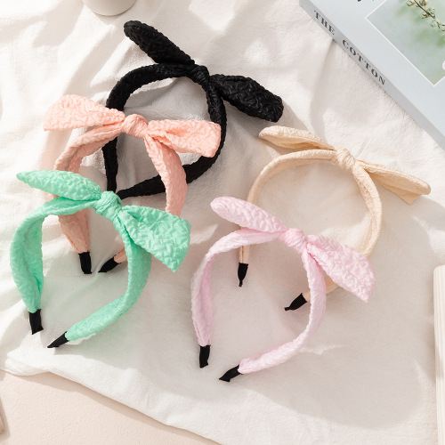 Cross-Border Korean Style Early Autumn Solid Color Pleated Headdress Women‘s Simple Butterfly Wide-Brimmed Retro Hairpin Leather Bow Headband
