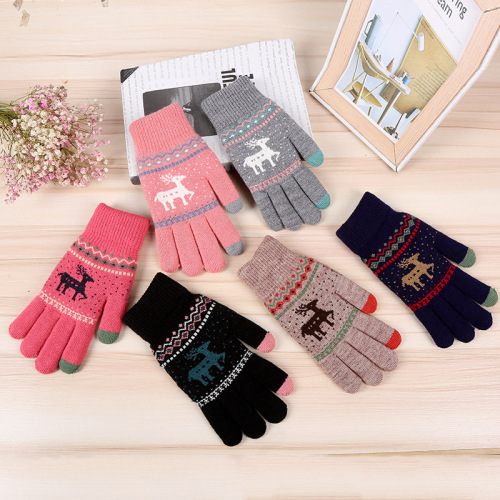 winter gloves finger touch screen jacquard double-layer elk gloves outdoor sports warm gloves wholesale customization