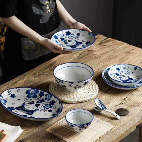 Japanese Style Cat Ceramic Tableware Household Japanese Style Cartoon Bowl Plate Underglaze Color