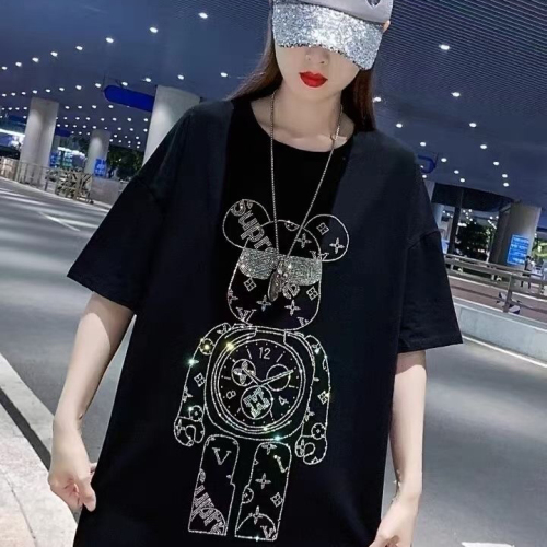 Sale Cheap Stall Wholesale Women‘s Summer Hot Rhinestone Shiny Short Sleeve Casual round Neck Top Loose All-Match