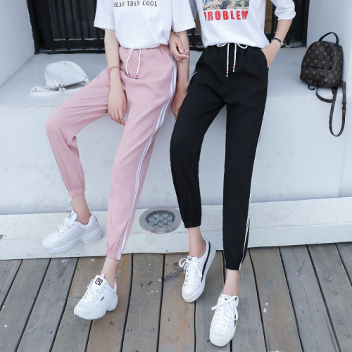 New Sports Pants Female Students Korean Harajuku BF Trendy Thin Loose Large Size Ins Ankle-Tied Casual Pants 