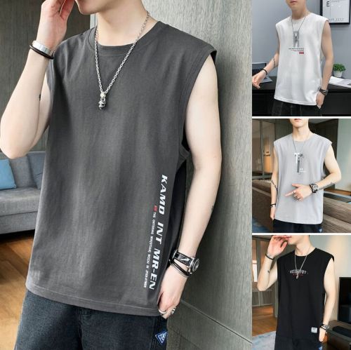 short-sleeved t-shirt men‘s summer cotton hong kong style sleeveless t-shirt new vest fashion brand outer wear waistcoat boys clothes