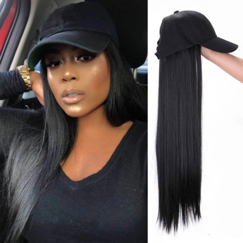 Factory Wholesale Wig Female European and American Foreign Trade Wig Hat Integrated Black Long Straight Hair Chemical Fiber Ladies Head Cover Cross-Border