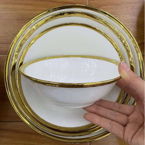 8-Inch Bucket Bowl Electroplated Golden Edge White Nordic Ceramic Bowl and Chopsticks Set Dish Ceramic Bowl Fish Western Porcelain wholesale