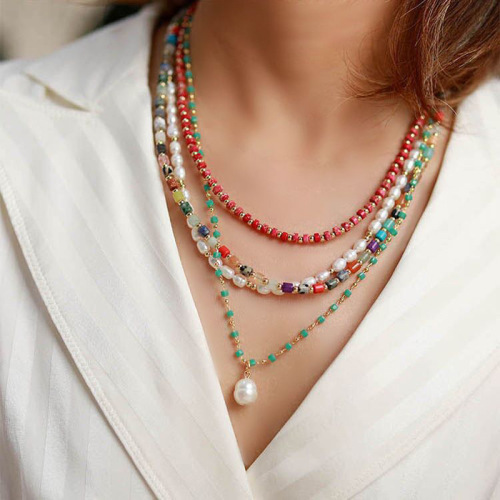 european french style vacation style summer mixed color agate short necklace necklace female semi-precious stone clavicle chain handmade ornament