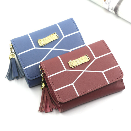 Stock Three Fold Bag Tassel Wallet Small Three Fold Women‘s Handbag Short Solid Color Change Card Holder