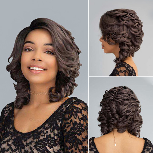 manufacturer supply new women‘s fashion wig black wave medium long curly wig head cover wholesale