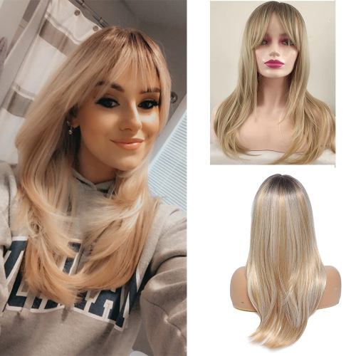 European and American Intellectual Wig Female Mechanism Golden Mixed Color Synthetic Wigs Eight-Character Bangs Mid-Length Texture Straight Hair Wigs