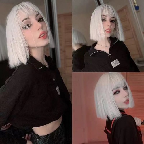 Amazon New Hot Sale Wig Female Short Hair Straight Hair Air Bangs Wave Head Full-Head Wig Factory One Piece Dropshipping